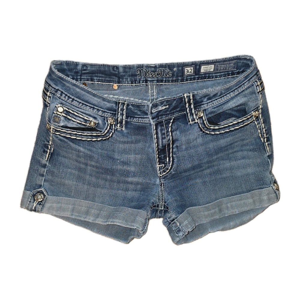 Miss Me Signature Denim Shorts Women 32 Blue Dark Washed Y2K Rhinestone *flaw*